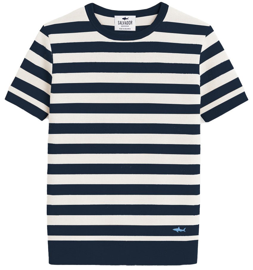 CAMISETA DE PUNTO BLANCA RAYAS AZULES