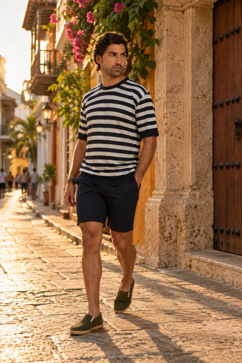 Hombre con camiseta de punto azul de rayas blancas y bermuda azul oscura caminando por una calle del centro histórico de Cartagena
