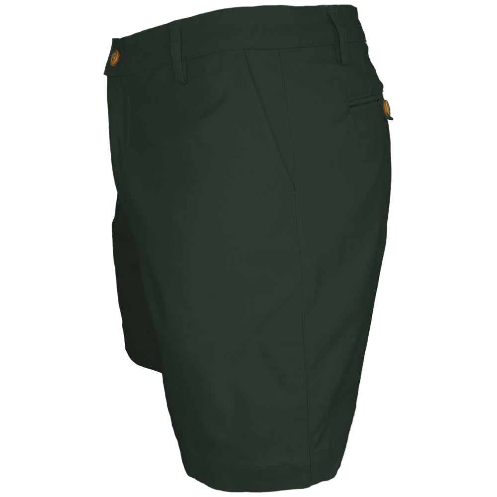 Bermuda verde militar para hombre vista de lado, con bolsillo trasero de botón, Salvador Beachwear